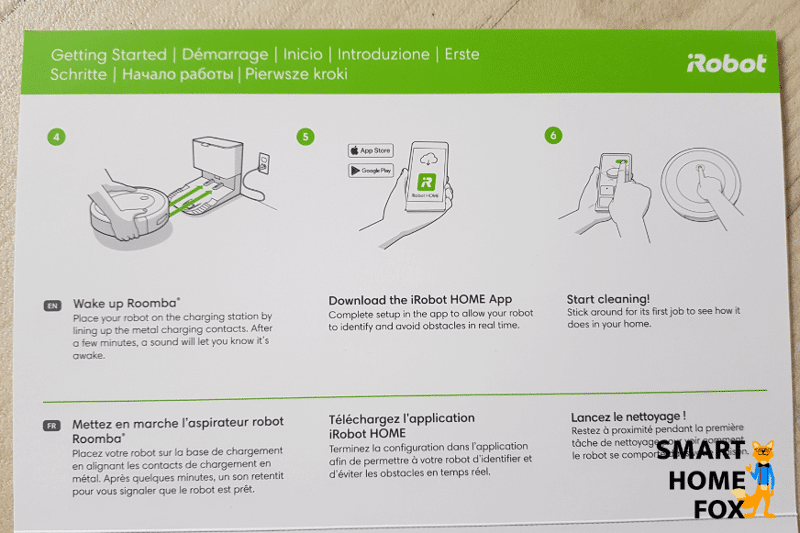 Der Quick Start Guide zeigt die ersten Schritte zur Inbetriebnahme des iRobo Roomba j7+